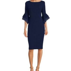 Adrianna Papell Stretch Crepe 3/4 Bell Sleeve Boat Neck Sheath Dress siz…